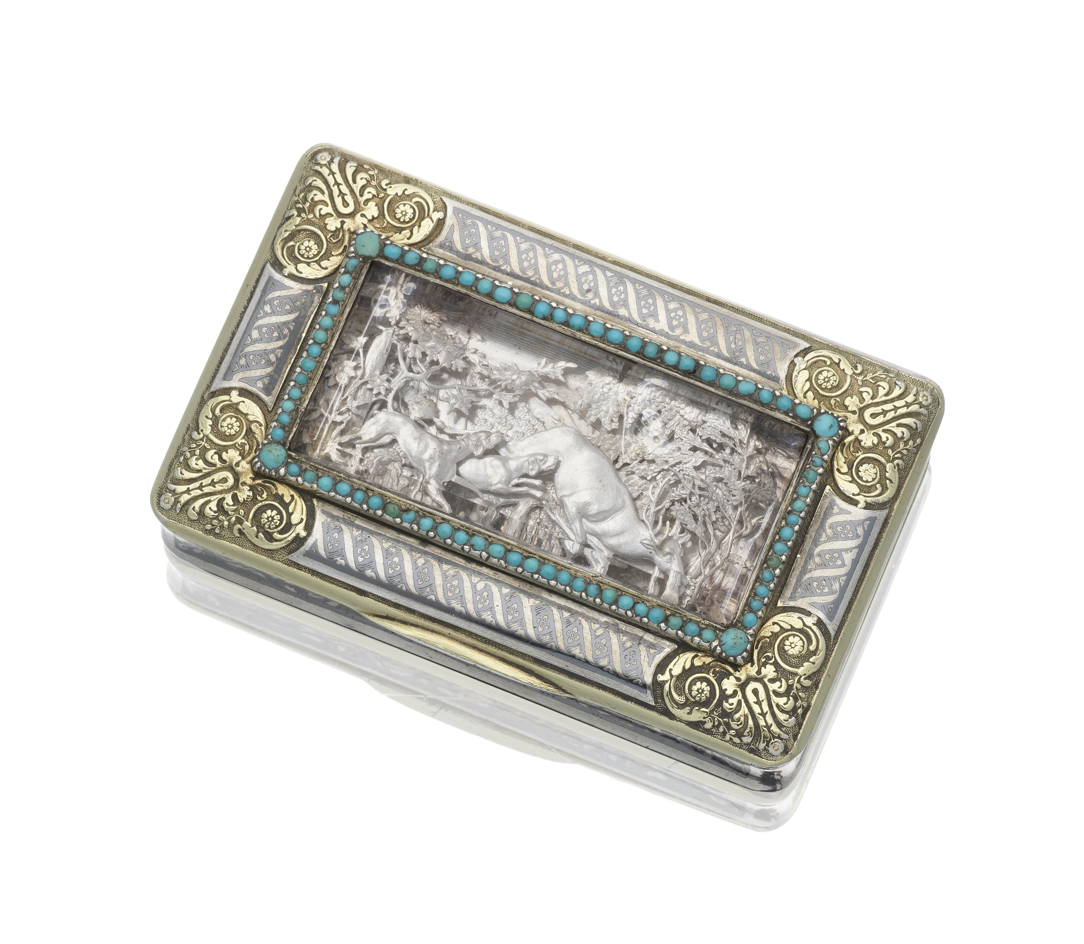 A French parcel-gilt silver box the panel possibly by Jacques Fr&#233;d&#233;ric Kirstien, the bo...