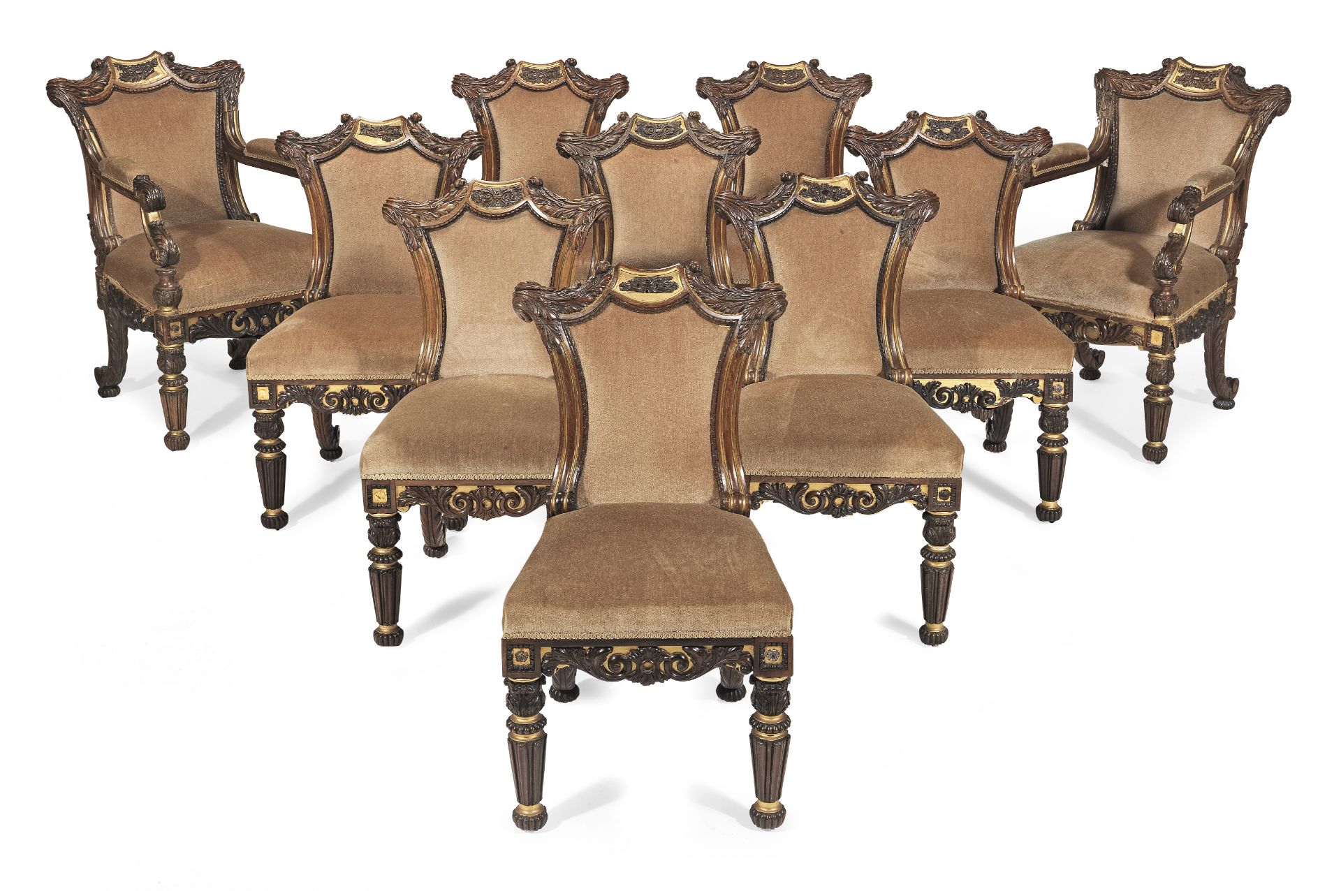 A George IV solid rosewood and parcel gilt suite of seat furniture attributed to Gillows comprisi...