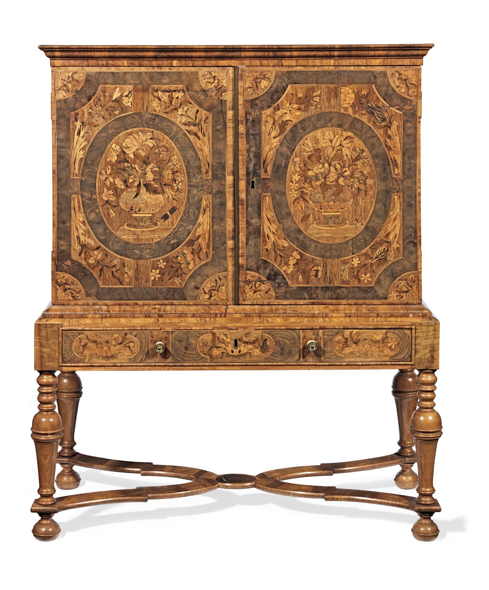 A Charles II oyster veneered olivewood, rosewood, ebony, stained bone and marquetry cabinet on a ...