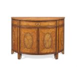 A George III satinwood, sycamore, kingwood, tulipwood, purplewood and marquetry demi-lune commode...