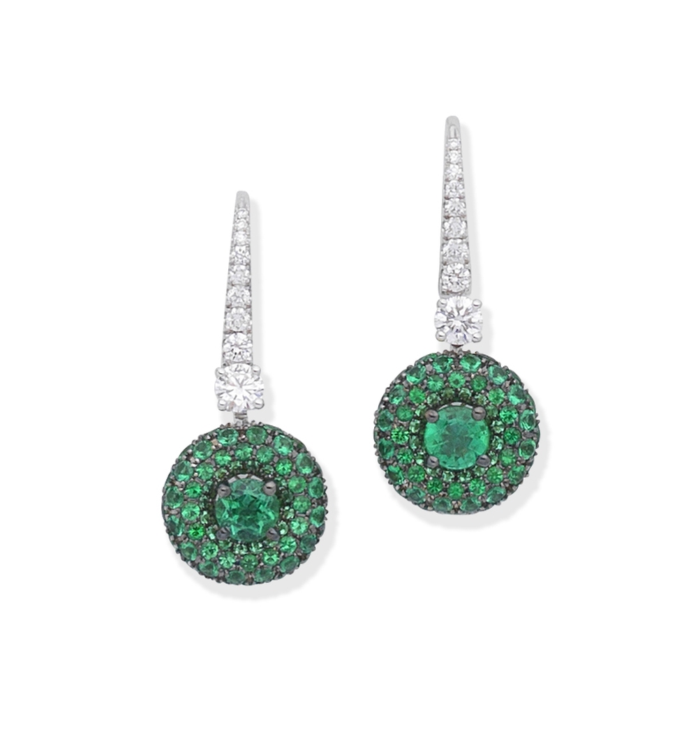 GRAFF: EMERALD AND DIAMOND 'HALO' PENDENT EARRINGS