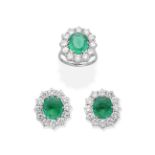 EMERALD AND DIAMOND CLUSTER RING AND EARRING SUITE (2)