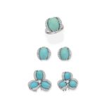 NANNINI: TURQUOISE AND DIAMOND CLIP BROOCHES, EARCLIPS AND RING SUITE (3)