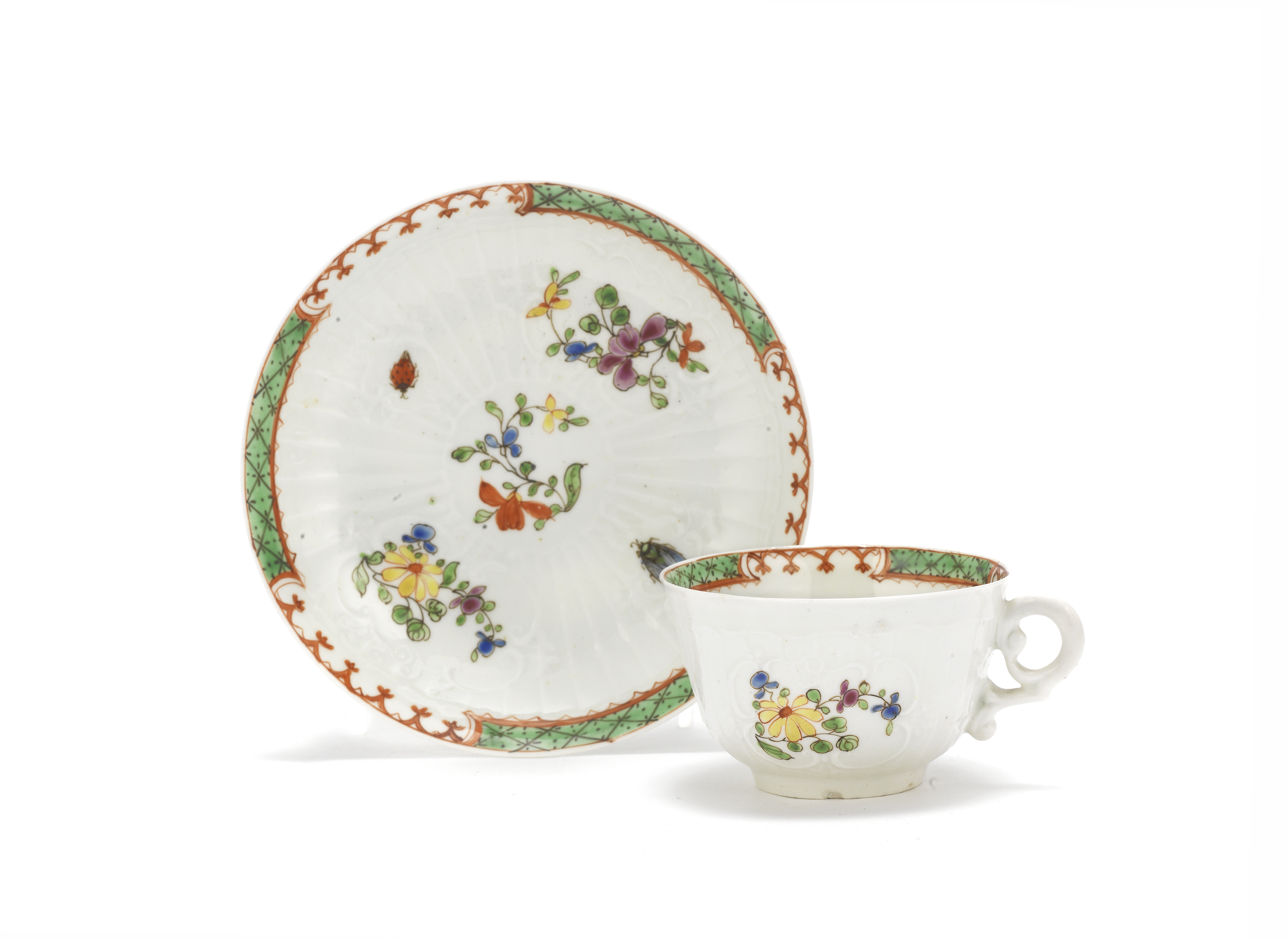 A Worcester teacup and saucer, circa 1755-56