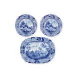 A large blue-printed earthenware platter and two plates from the 'Durham Ox' Series, circa 1820