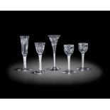 Five engraved opaque twist glasses, circa 1765