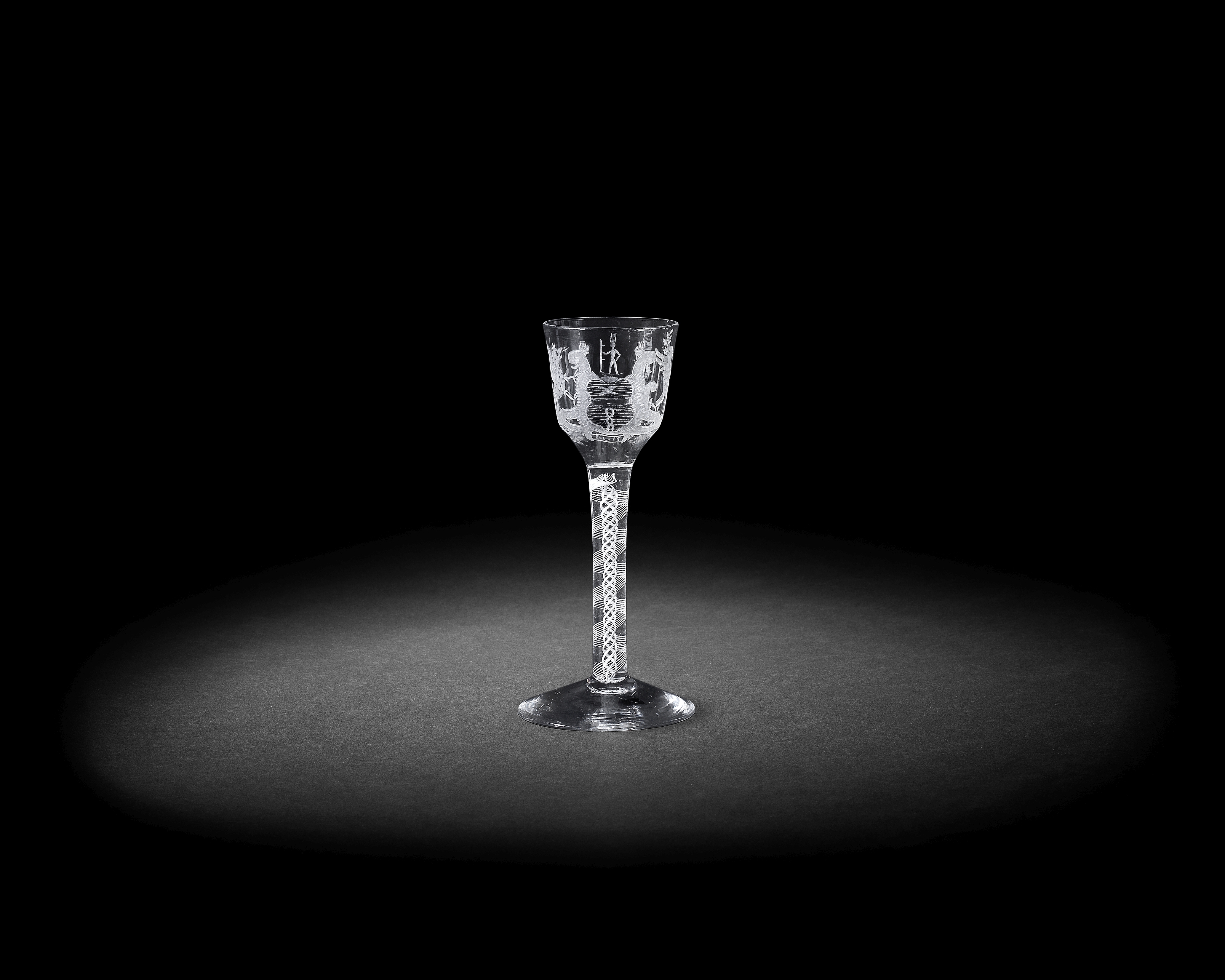 An engraved armorial opaque twist wine glass of Jacobite interest, circa 1765