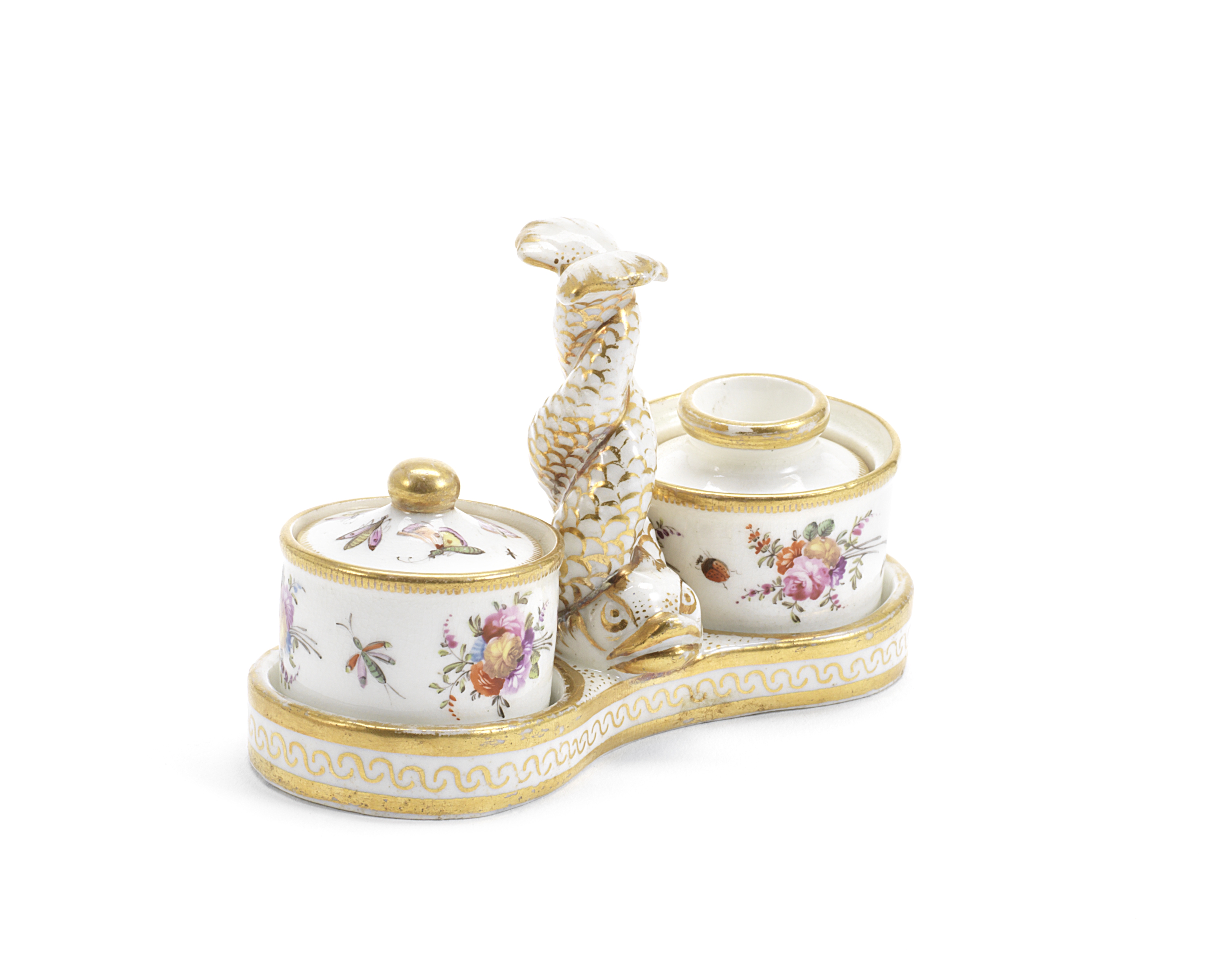 A Swansea inkstand, two inkwells and covers, circa 1815-17