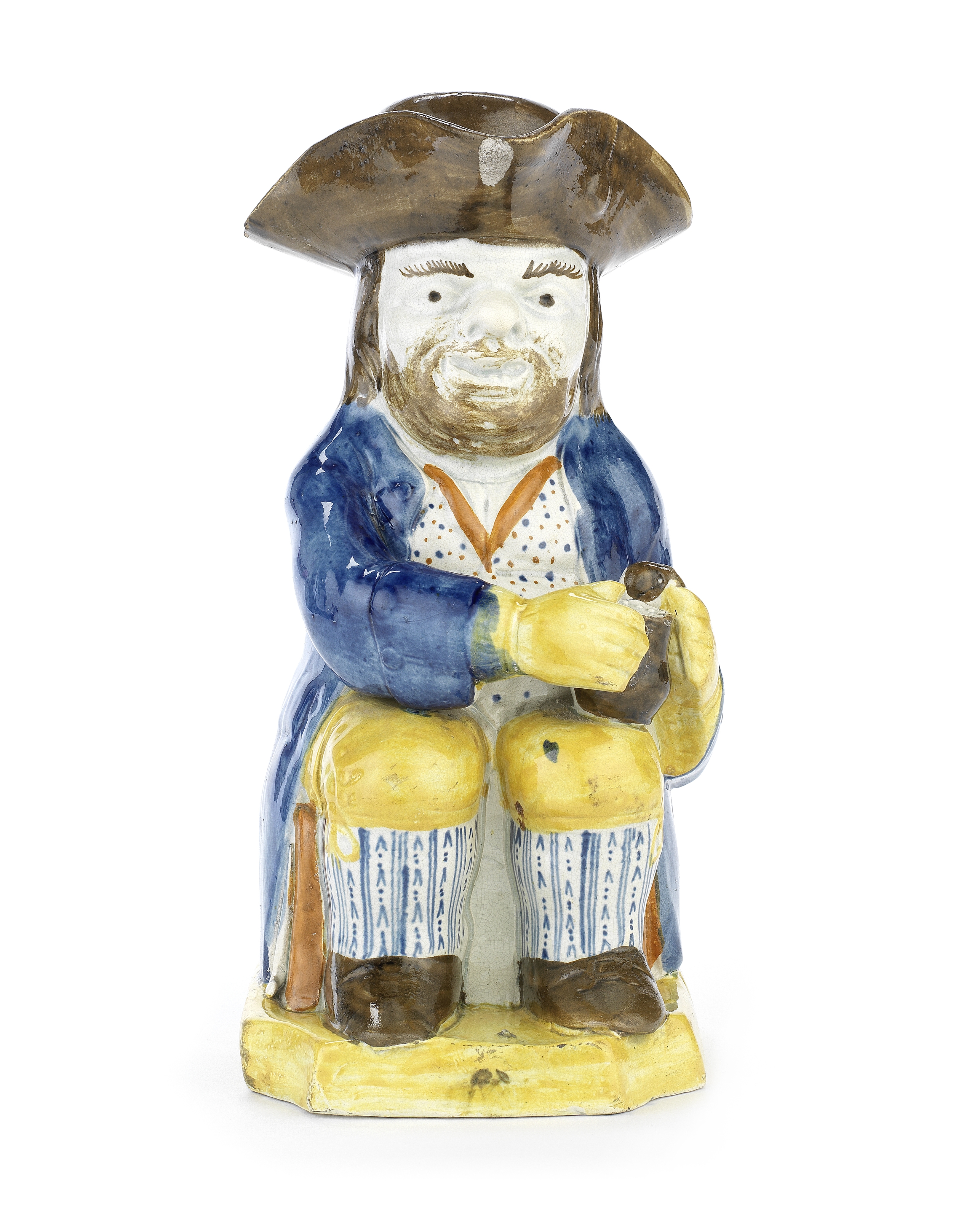 A bearded Prattware Toby Jug and cover, circa 1800