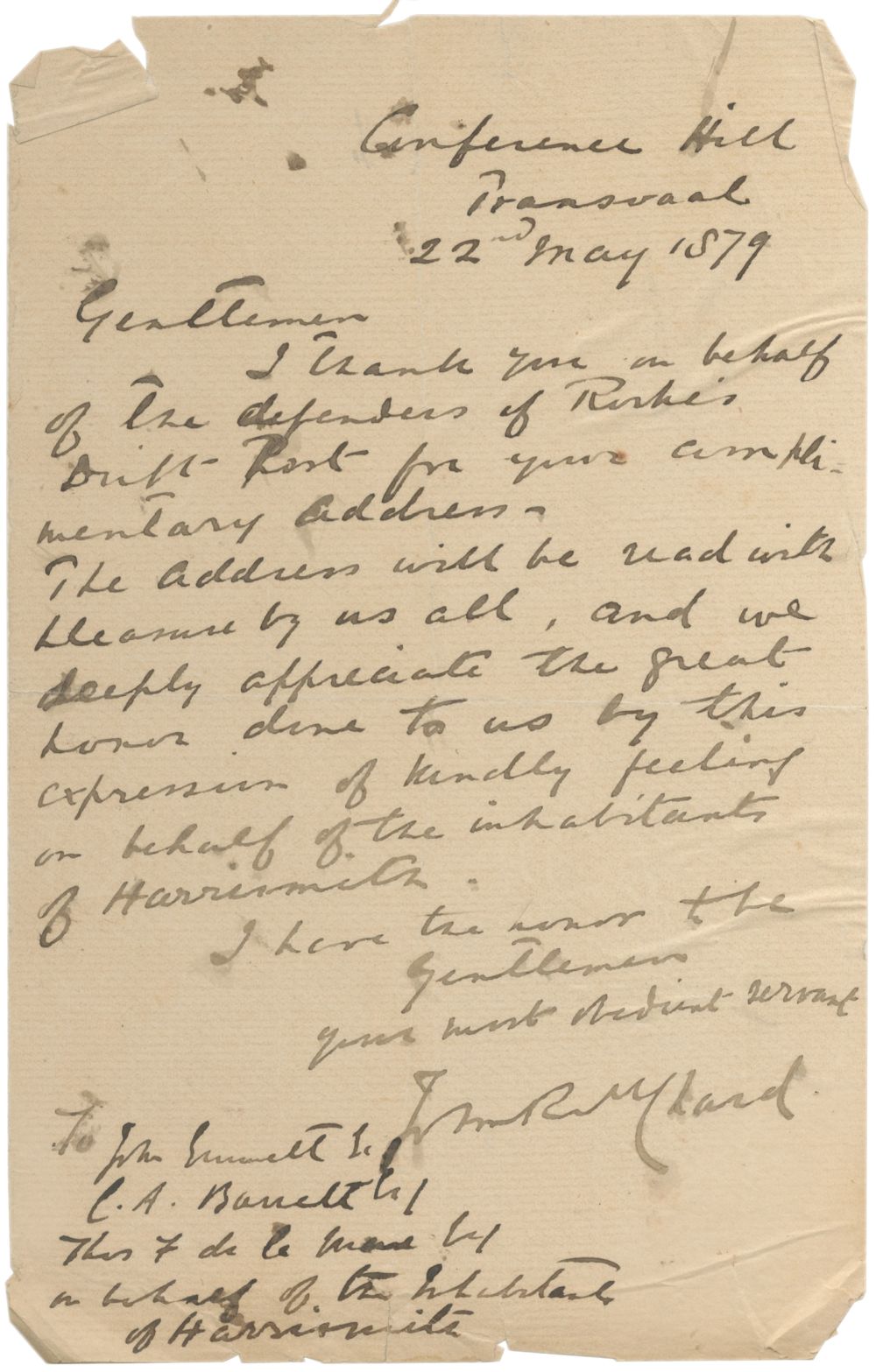 CHARD (JOHN) Autograph letter signed ('John R.M. Chard'), to John Emmett, C.A. Barrett, and Thos....