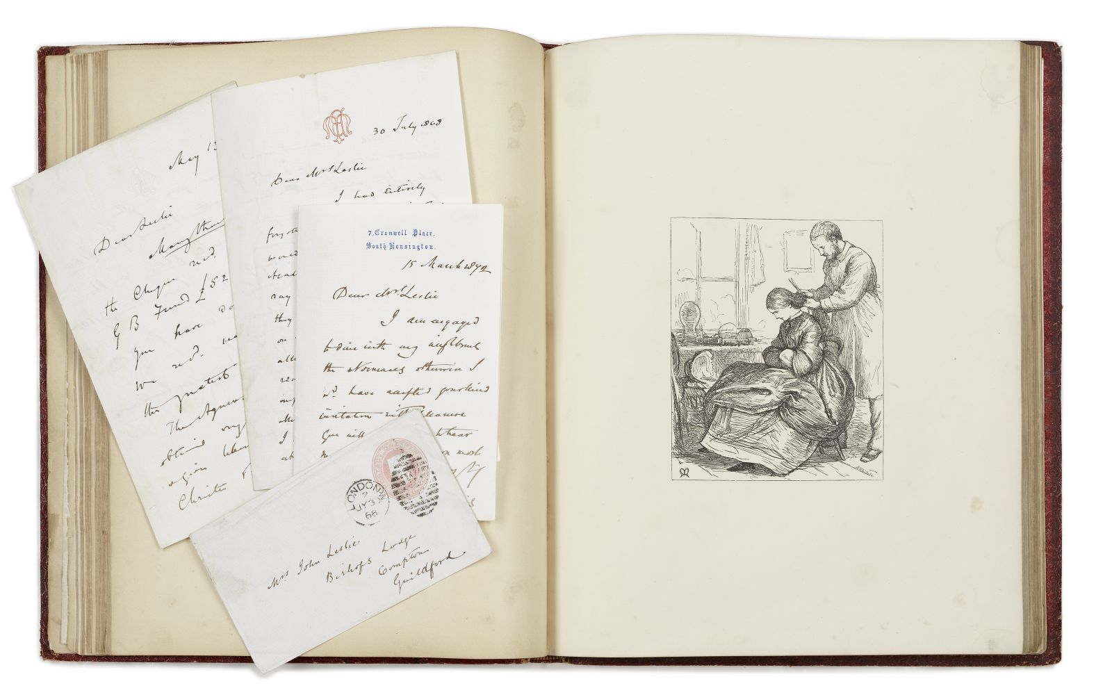 MILLAIS (JOHN) 'Woodcuts from Drawings by J.E. Millais', with 4 autograph letters signed from Mil...