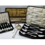 A Highly decorative boxed plated serving set, 6 E.P Matching tea spoons, Alpha plate spoons and
