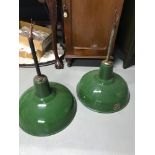 A Lot of two Industrial green enamel shade lights produced by Benjamin Crysteel