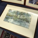 Original watercolour depicting trees reflecting on the waterside. Signed Joan M Falla, Frame