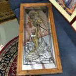 Art Nouveau mirror titled Spring after Mucha. Frame measures 89X42CM