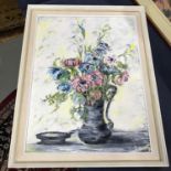 Original oil painting on canvas depicting still life flowers by artist June West. Fitted within a