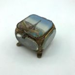 Antique Moser style casket jewel box, showing a picture of the Eiffel tower to the top.