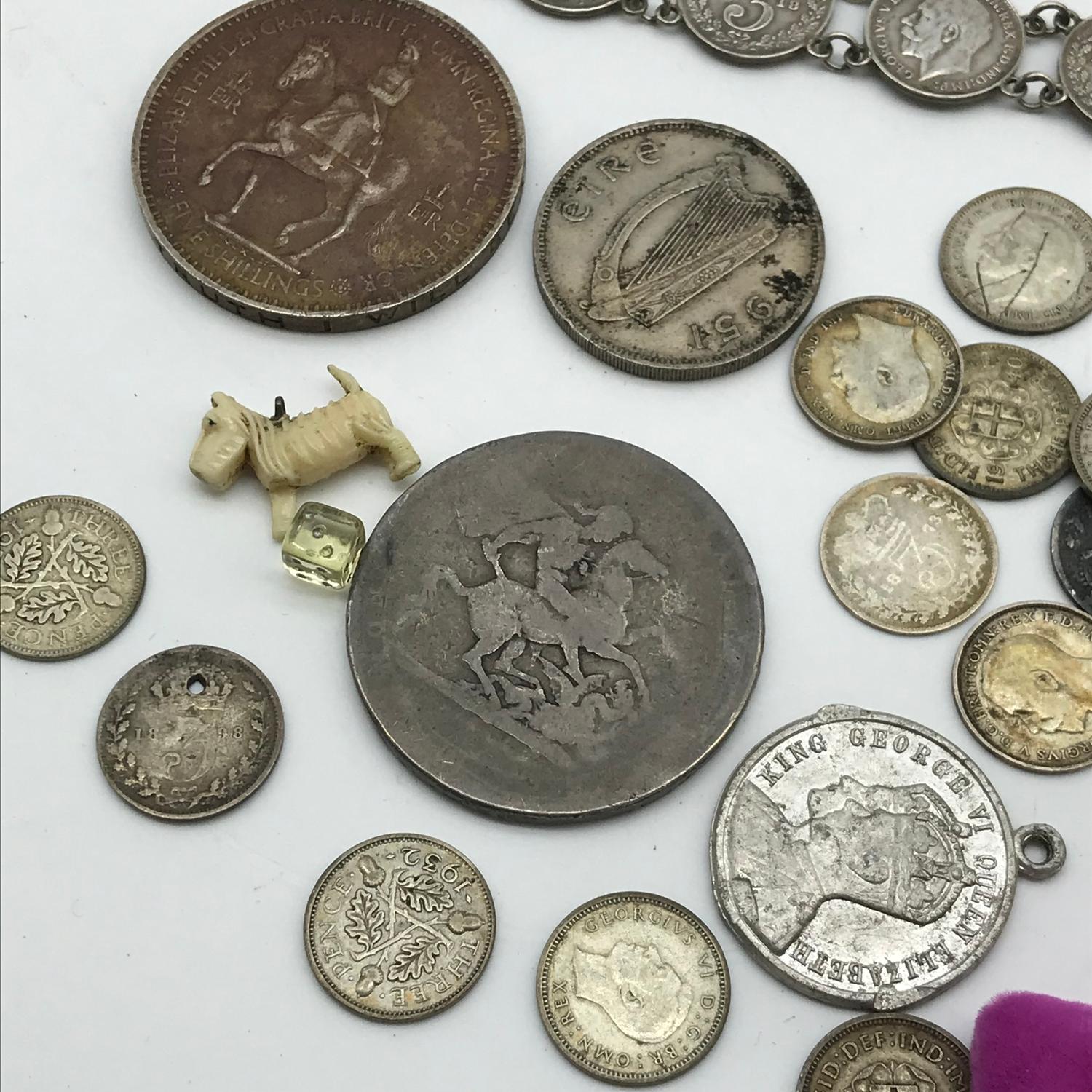 A Collection of silver three pences, silver George V Three pence piece bracelet, George III Crown, - Image 3 of 4