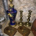 Antique wood and brass bookends, Brass candle sticks and porcelain hand painted table lamp.