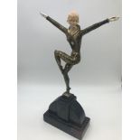 A Vintage Bronze Art Deco dancing lady figure on alabaster base. Signed C.H. Chiparus. Measures 34cm