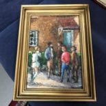 A Heavy oil painting on canvas depicting various figures outside a building. Signed to the bottom