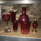 A Lot of Victorian cranberry glass items. Includes a gilt brass and glass perfume bottle.