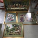 A Lot of 4 framed tapestry pictures with gilt frames. Includes "The last Supper, Kingfisher, Peacock