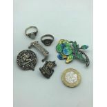 A Lot of silver jewellery which includes Norwegian viking boat ring & 2 brooch, Silver and enamel