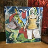 A Large oil painting on canvas by fife artist Peter Trust. Depicting Frog playing guitar to a