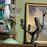 A Stylish floral design table lamp together with a metal cast antler candle stick holder.