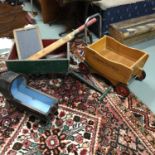 A Childs vintage pull along wagon, slate school board, cricket bat, Dolls cradle and one other