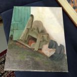 Original oil painting on canvas depicting grinding wheel, bricks and slate, signed Slater and