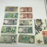 A Lot of 10 vintage bank notes which includes Bank of England £5 note, Two bank of Scotland £1