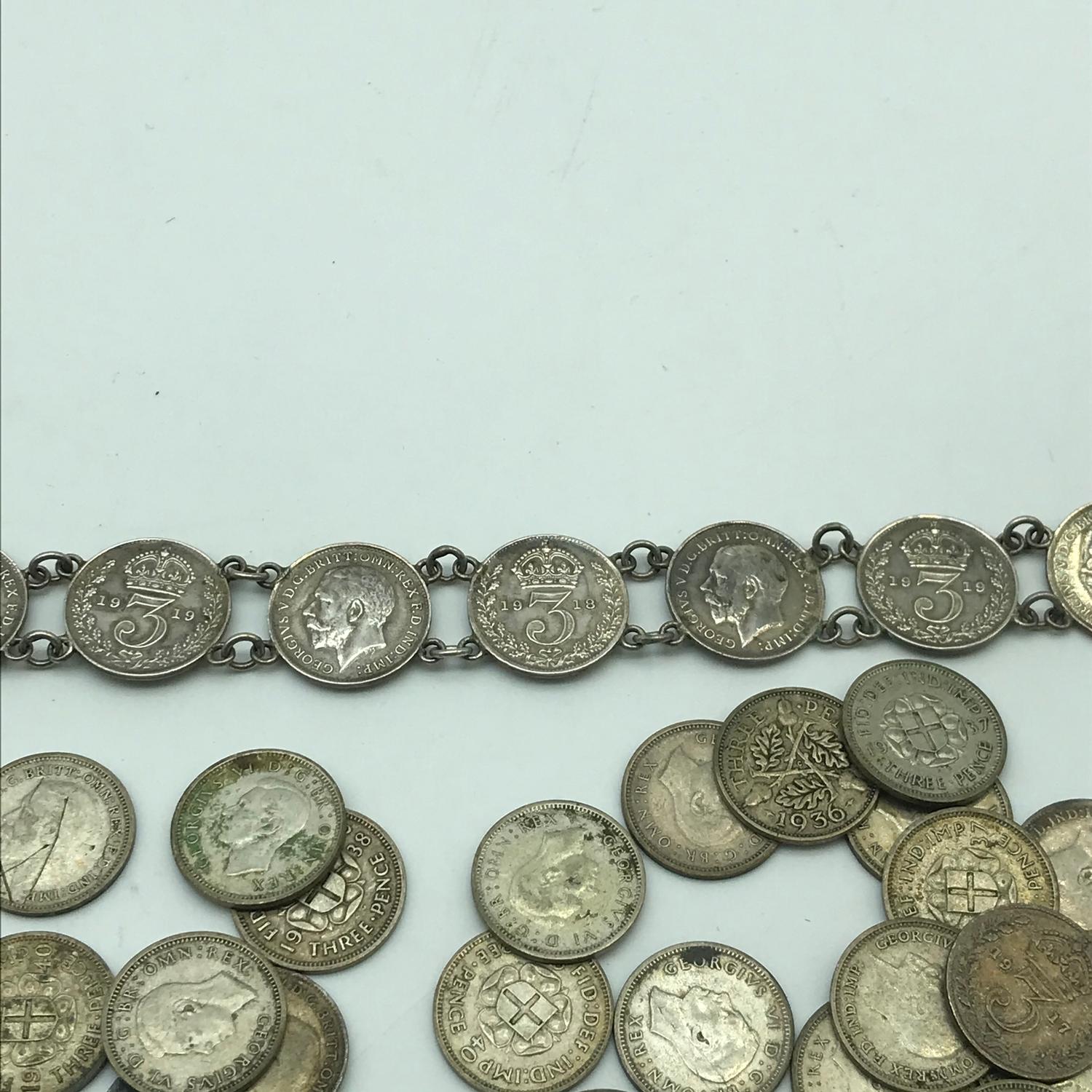 A Collection of silver three pences, silver George V Three pence piece bracelet, George III Crown, - Image 4 of 4