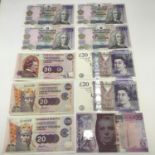 A Lot of ten various £20 notes which includes three Clydesdale bank plc notes dated 1997, 97 & 1999,