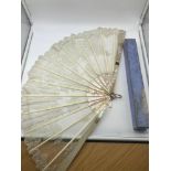 Antique ladies mother of pearl and lace hand held fan with original box. A/F