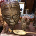 A Large African hand carved tribal mask, Carved see no evil, speak no evil and hear no evil monkey
