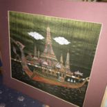 An Indian silk painted picture depicting Indian style boat and palace. Measures 53x58cm