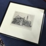 Original pen etching of monument building by Geo Russell. Frame measures 32.5X35CM