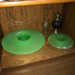 A Lot of two Early Scottish green glass mushroom vases together with a small paraffin lamp.