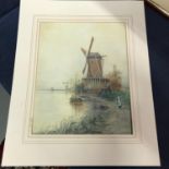 Antique watercolour depicting Dutch windmill by waterside. Art work measures 35X27CM