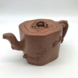 Antique Chinese Yixing clay pottery tea/ saki pot, detailed with bamboo, blossom and small mouse