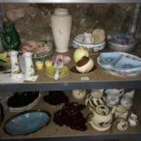 Two Shelves of Porcelain collectables which includes Carlton ware, Dartmouth pottery fish jug,