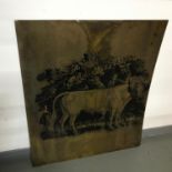 A Large Antique brass butcher sign, depicts a large bull figure. Measures 107X91CM