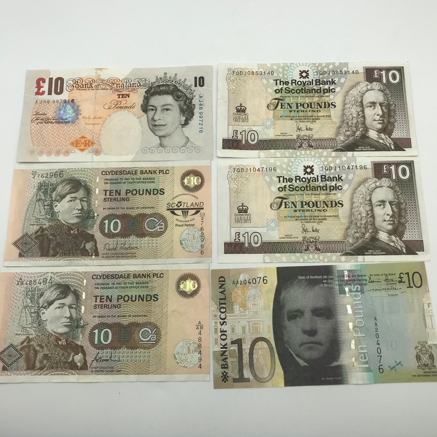 A Lot of 6 various £10 bank notes which includes two Clydesdale bank plc notes dated 1997 & 2006