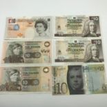 A Lot of 6 various £10 bank notes which includes two Clydesdale bank plc notes dated 1997 & 2006