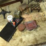 A Lot of antiques and vintage items which includes wooden music stand, small foot stools,