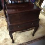 Antique Mahogany sewing table with lift up top and single drawer, supported on Cabriole legs