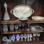 A Collection of crystal and silver plated serving trays, Includes Edinburgh crystal chill bucket,