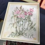 Original oil painting titled "Summer Roses" by artist June West. Fitted within a white frame.